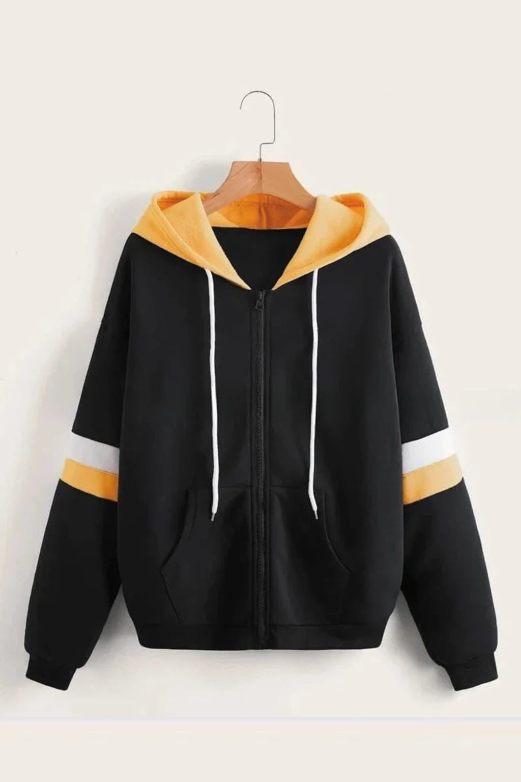 Black with Yellow and White Stripes Zipper Hoodie