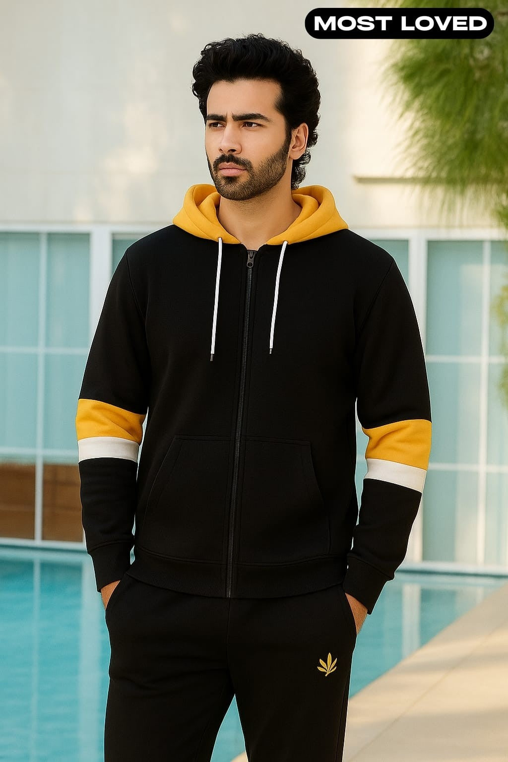 Black with Yellow and White Stripes Zipper Hoodie