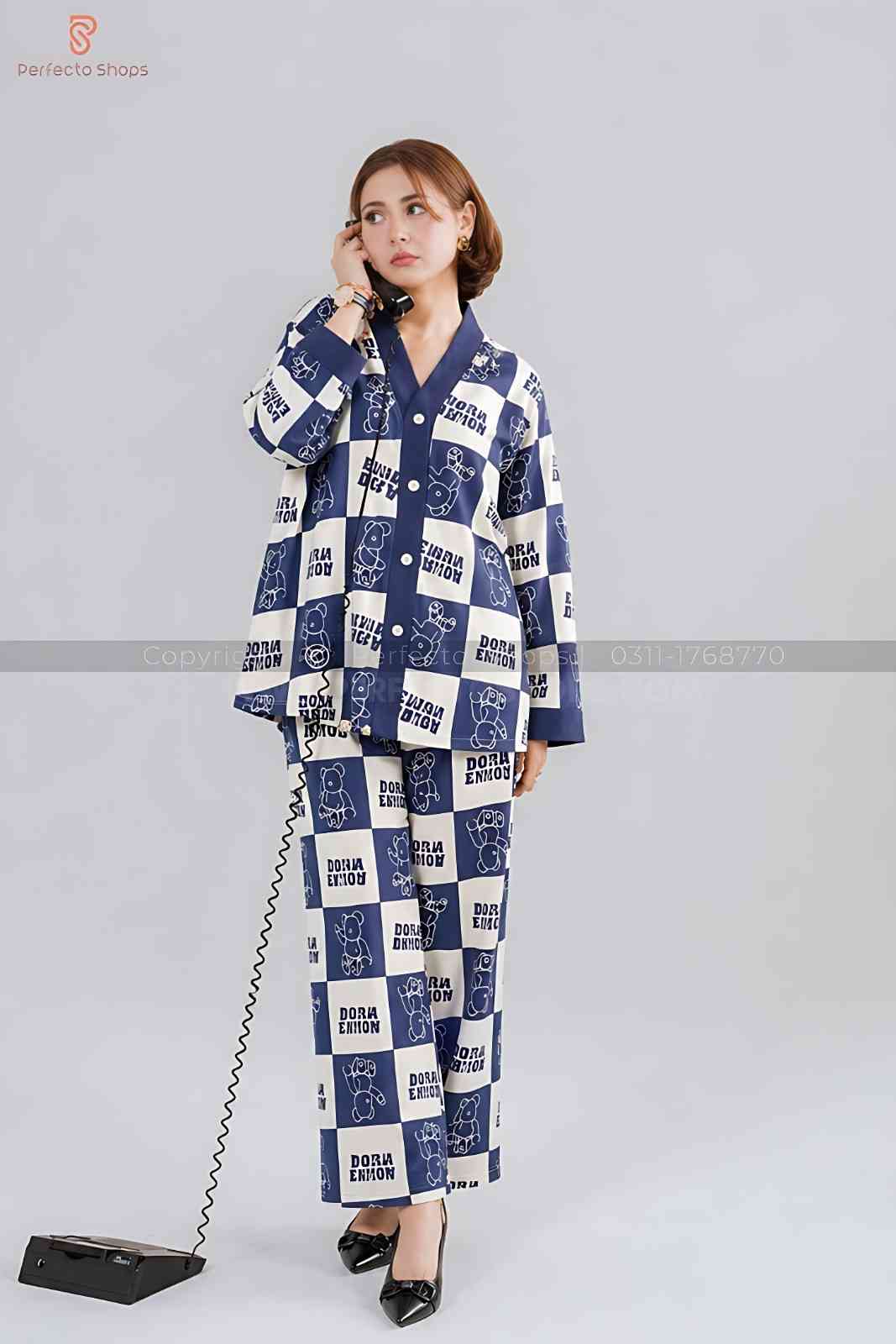 Blue with White Doraemon V-Neck Button Printed Night Suit