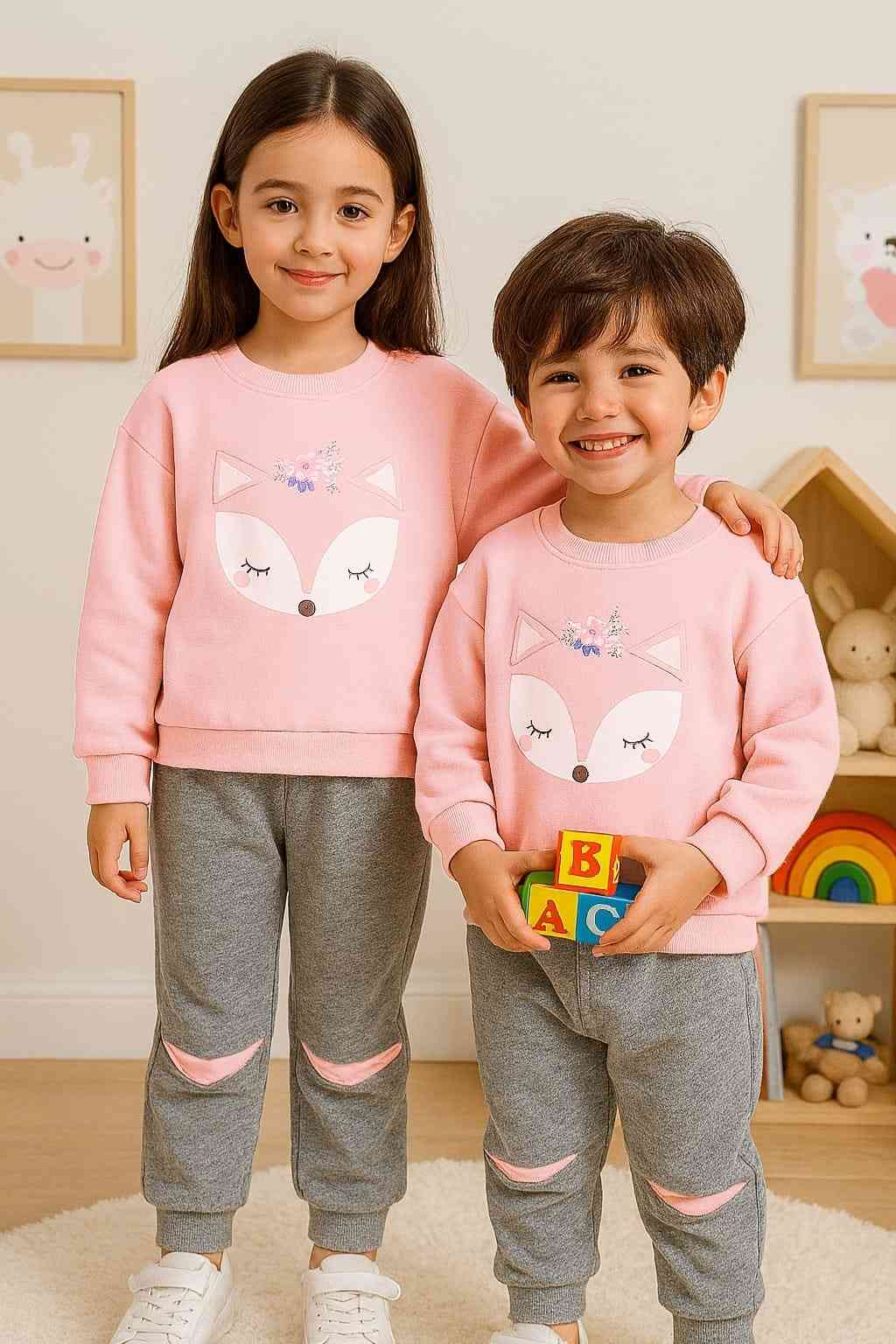Fleece Fabric Pink Fox Printed Kids Winter Suit ( Each )