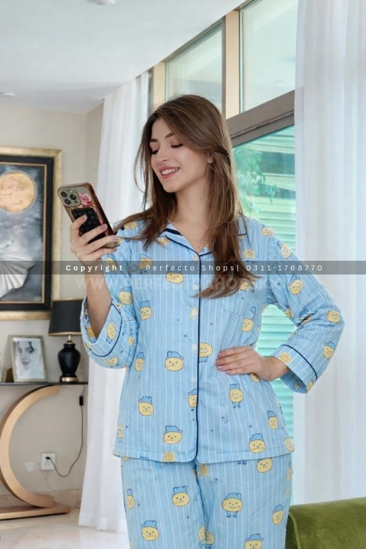 Imported Linen Printed Sky Blue Snow PJ Set