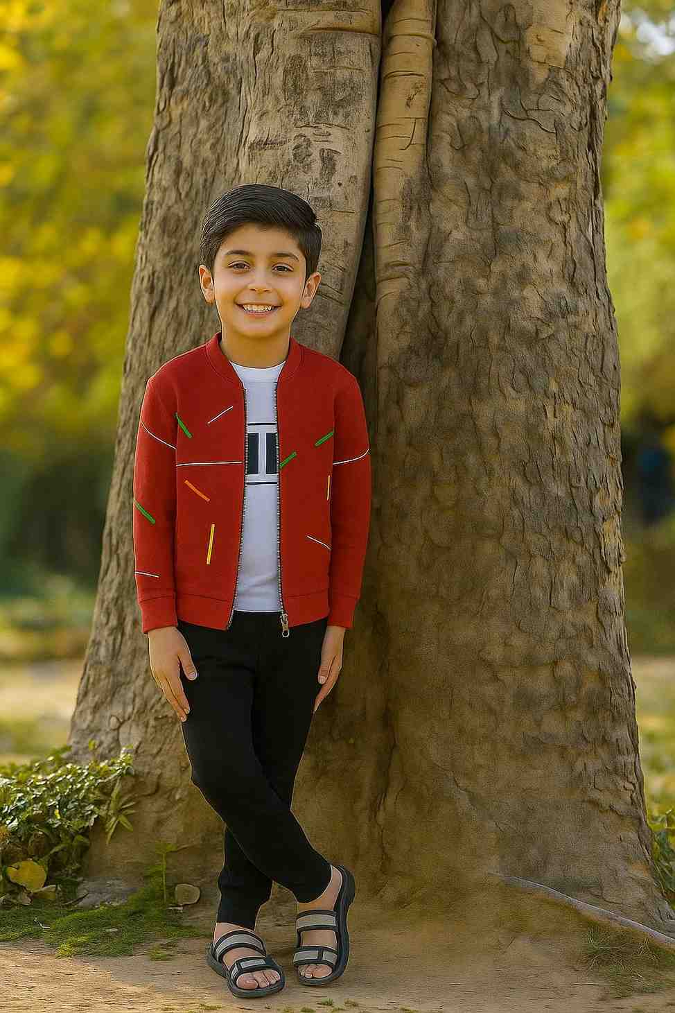 Kids Red Printed Zipper Jacket With Trouser