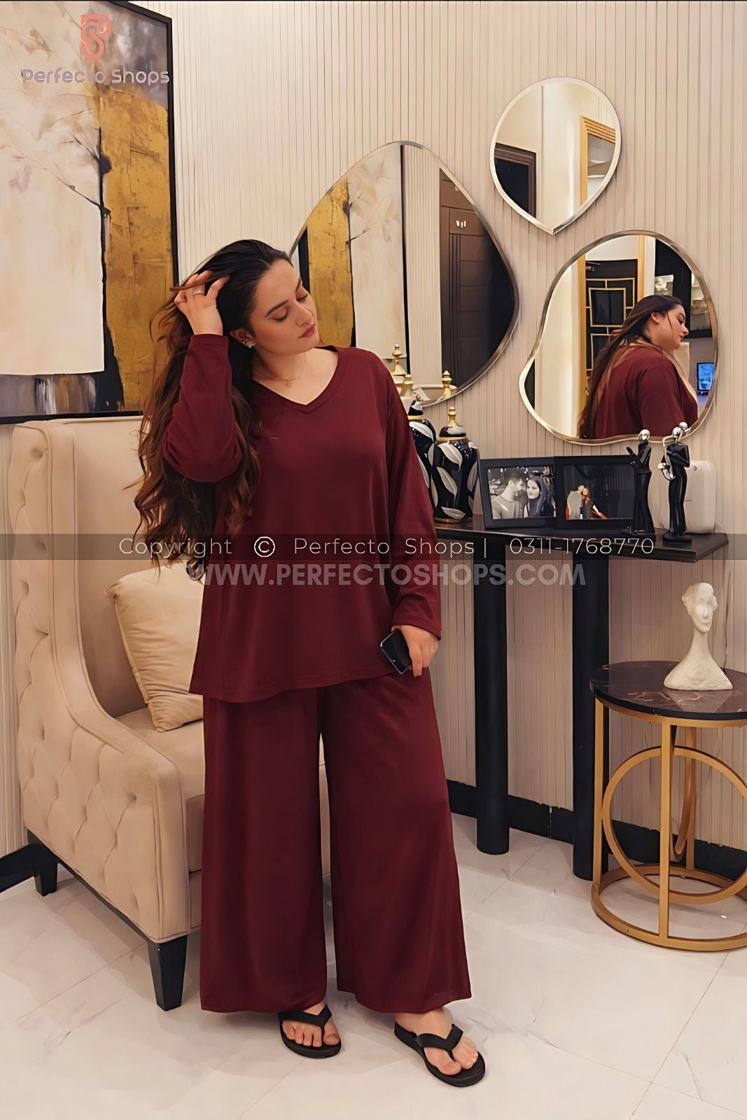 Maroon Elegant Loose Shirt Plazo Pajama PJ Set