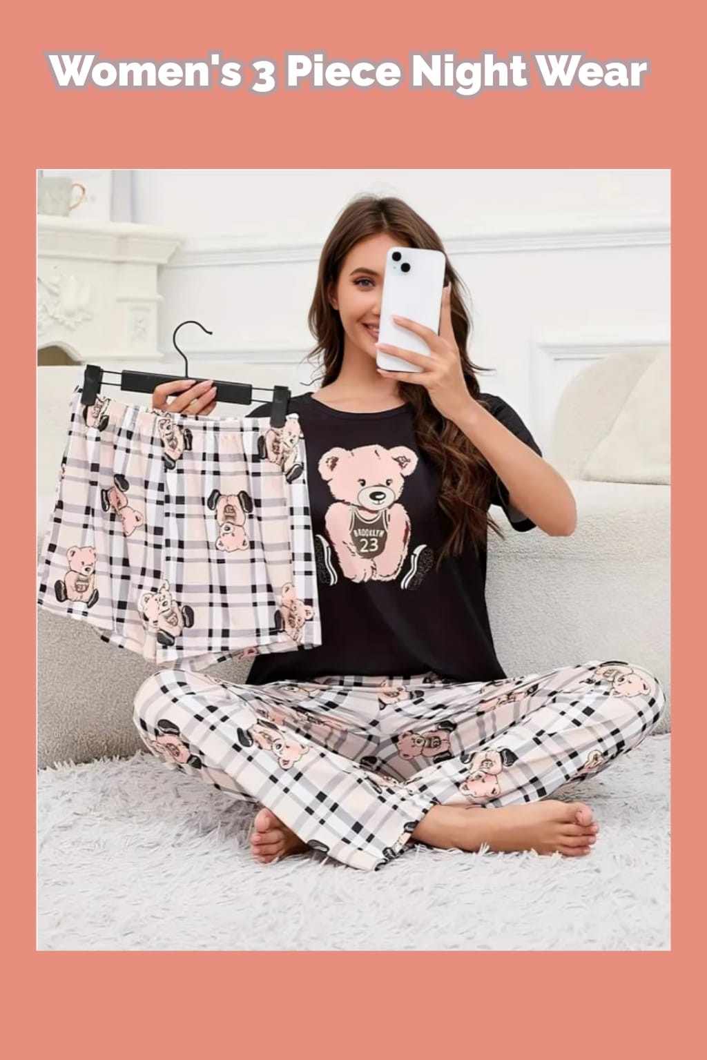 3 Piece Printed Night Suit Check Panda