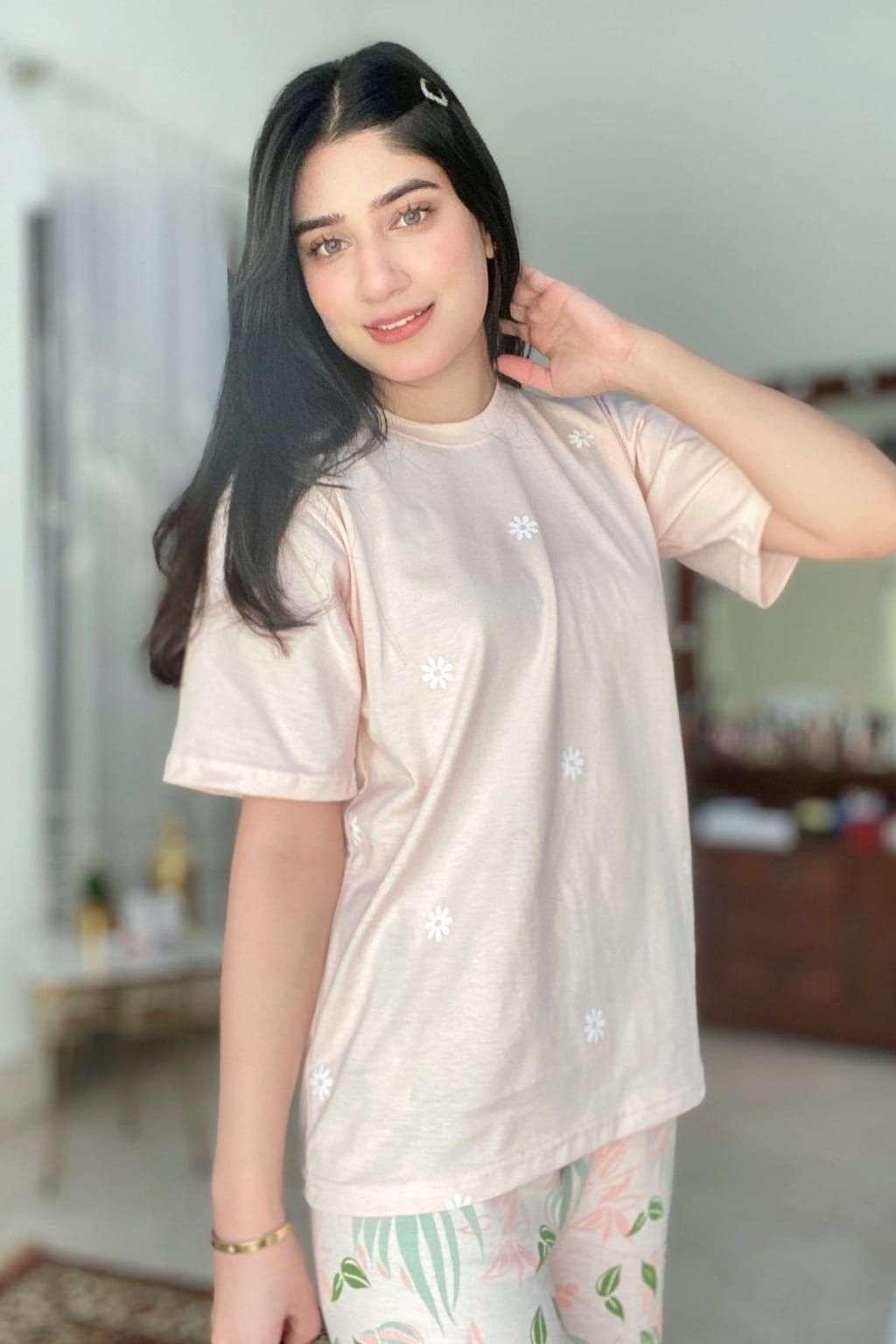 Peach Pajama Printed Night Suit