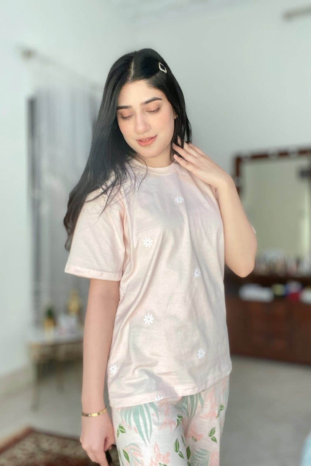 Peach Pajama Printed Night Suit