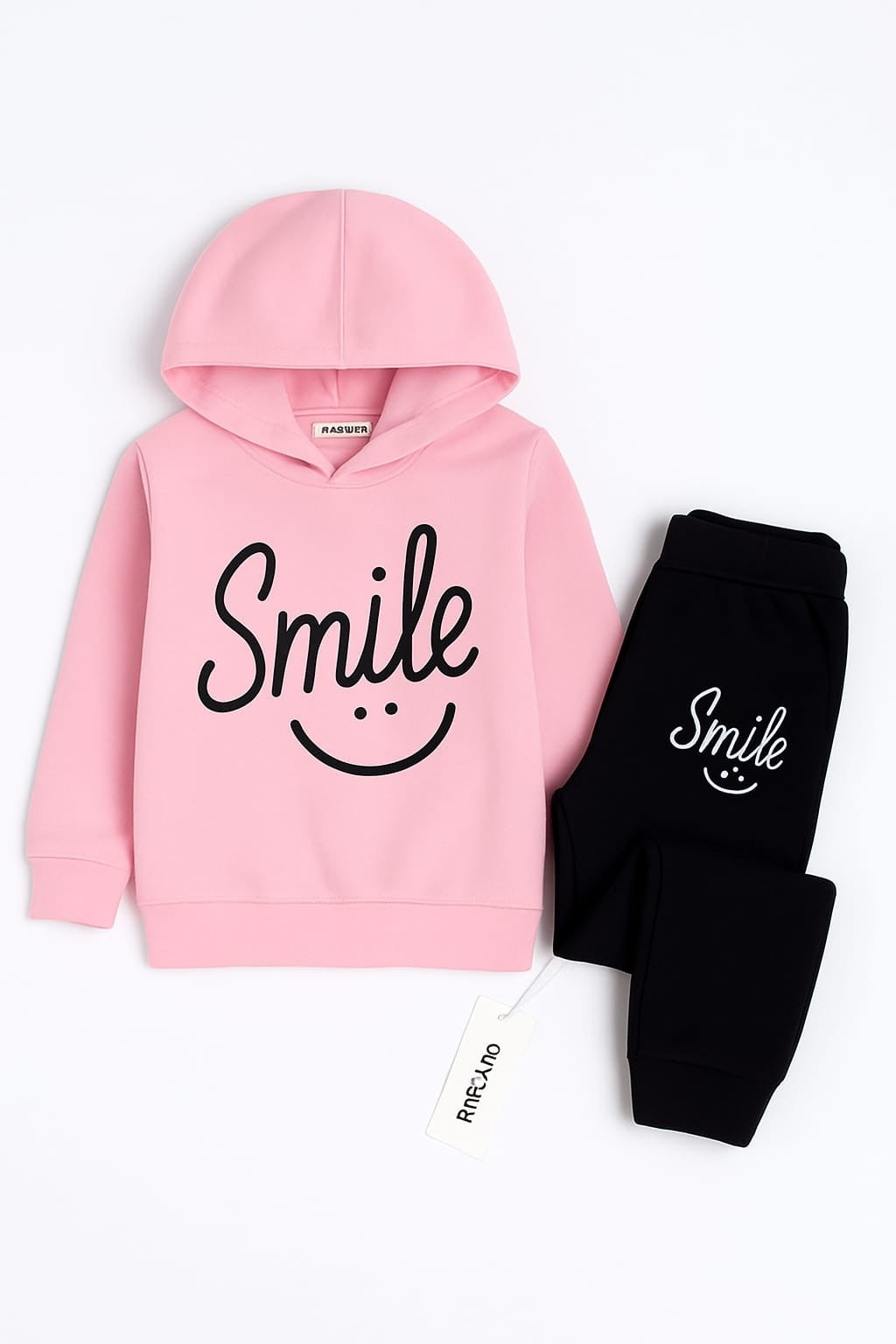Pink Smiley Printed Hoodie With Trouser For Kids