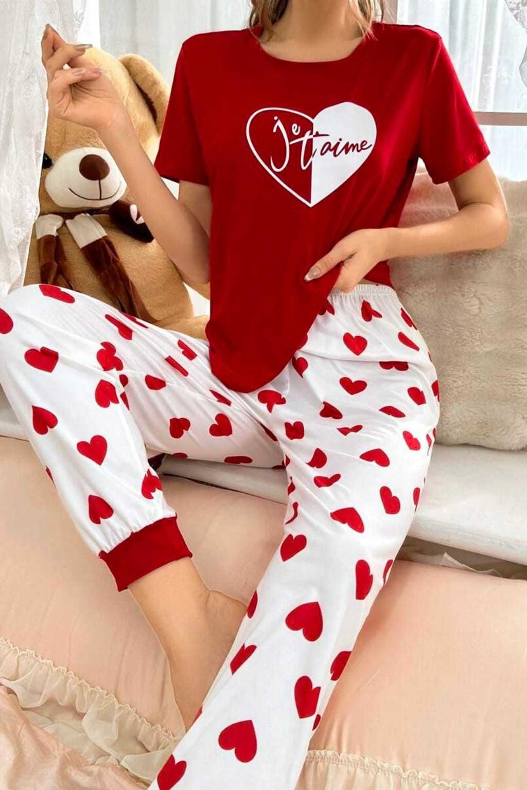 Red heart Printed Night Suit