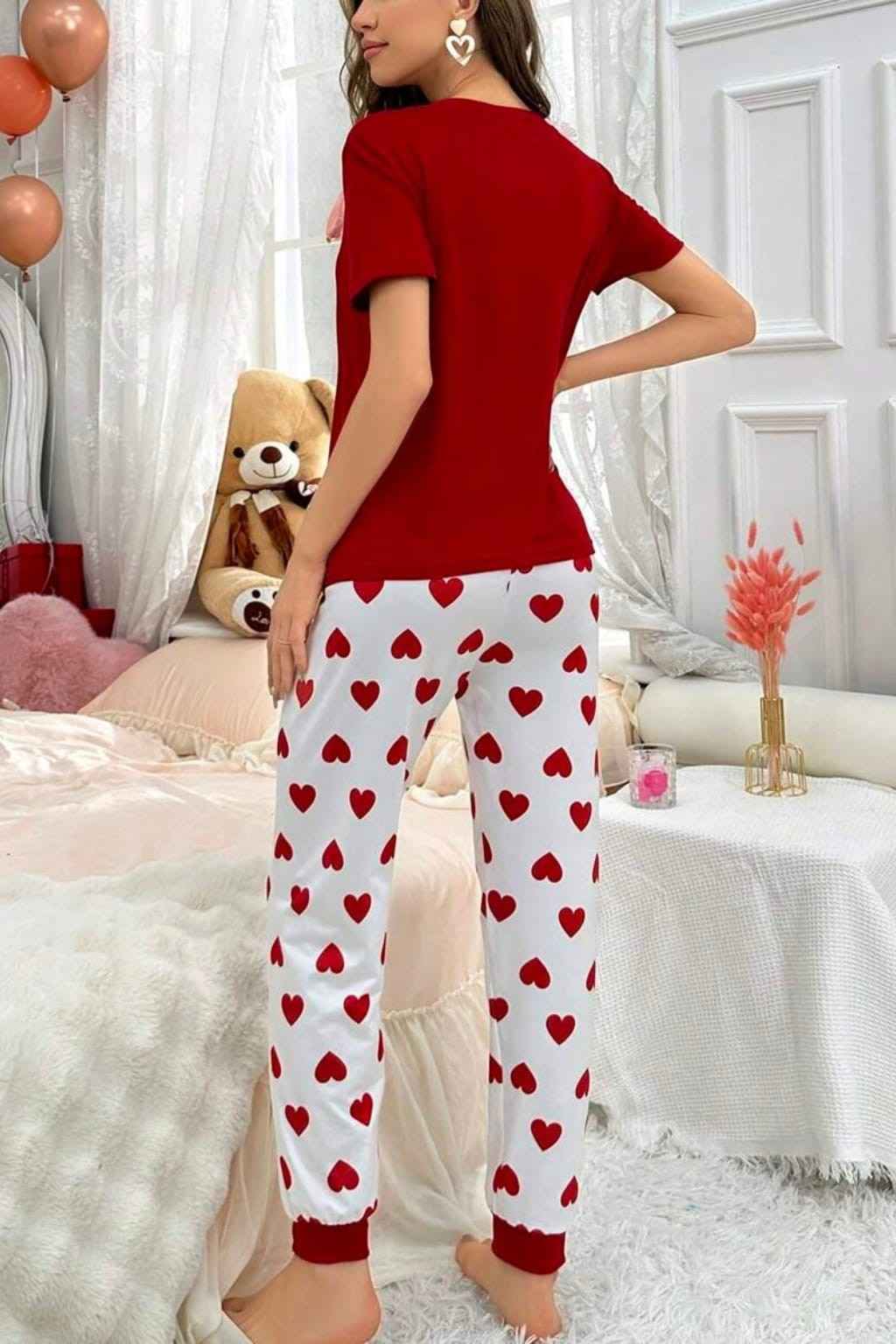 Red heart Printed Night Suit