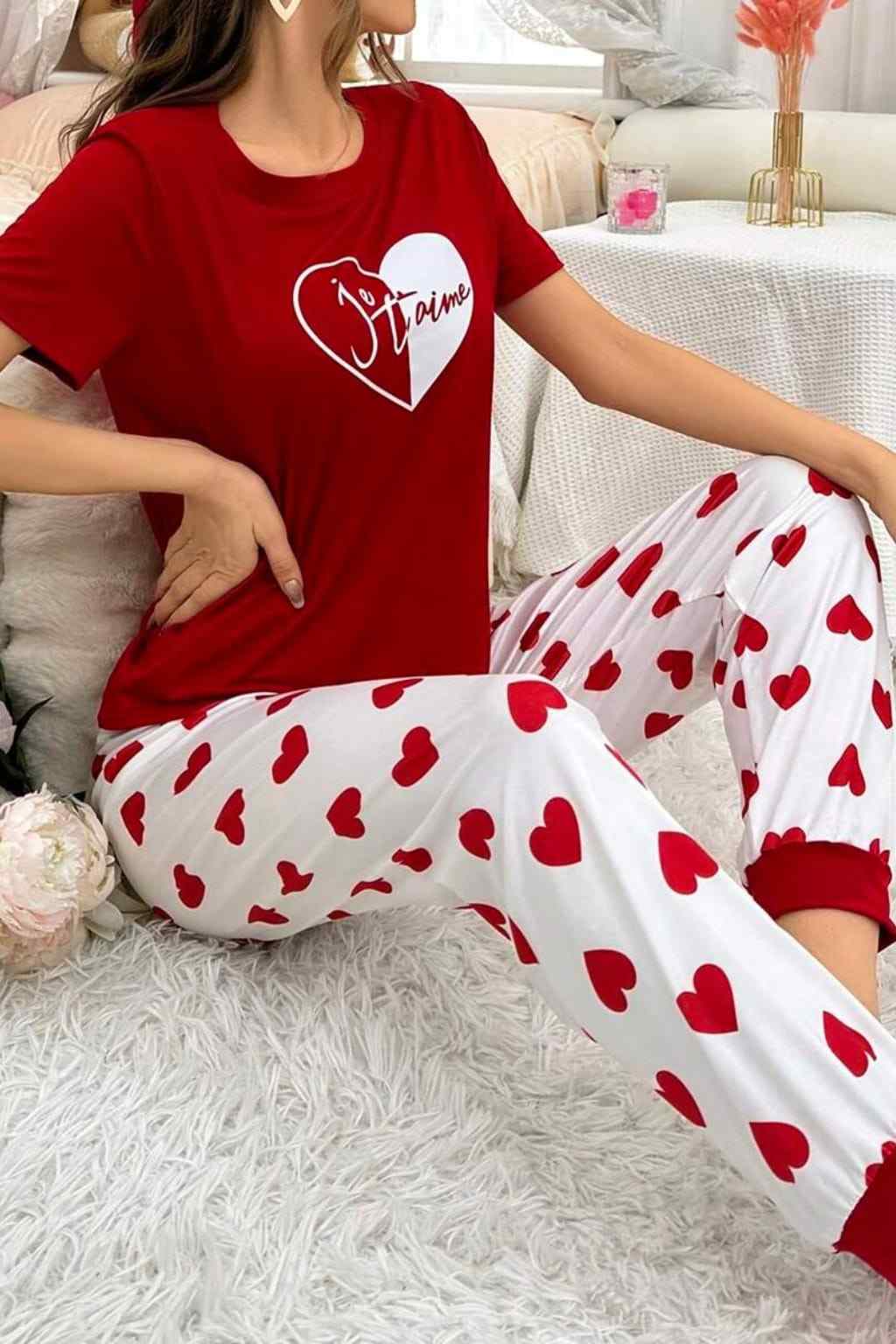Red heart Printed Night Suit
