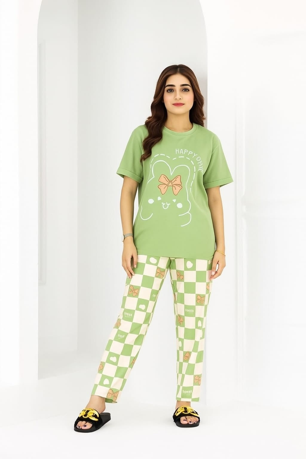Round Neck Pullover Rabbit Bow Printed Night Suit