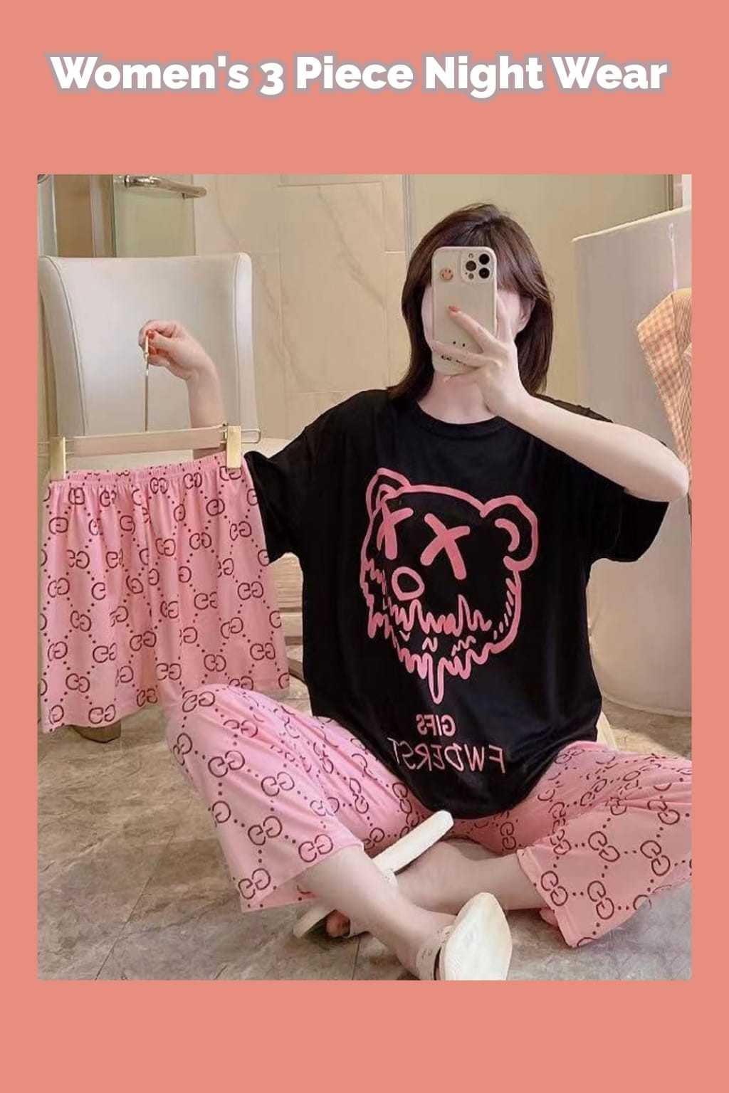 Three Piece Black Teddy Bear Nightwear