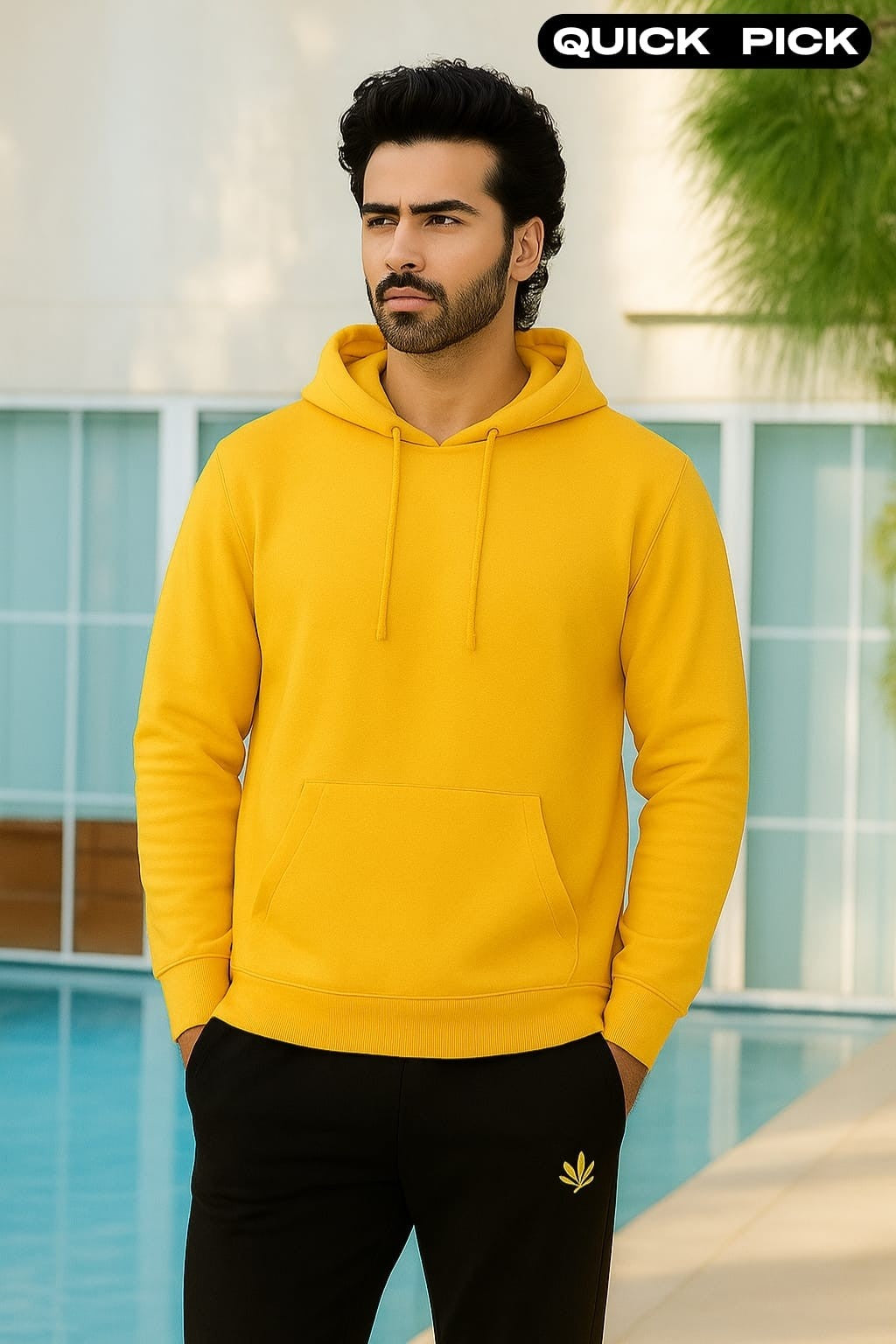 Yellow Basic Kangaroo Hoodie for Men