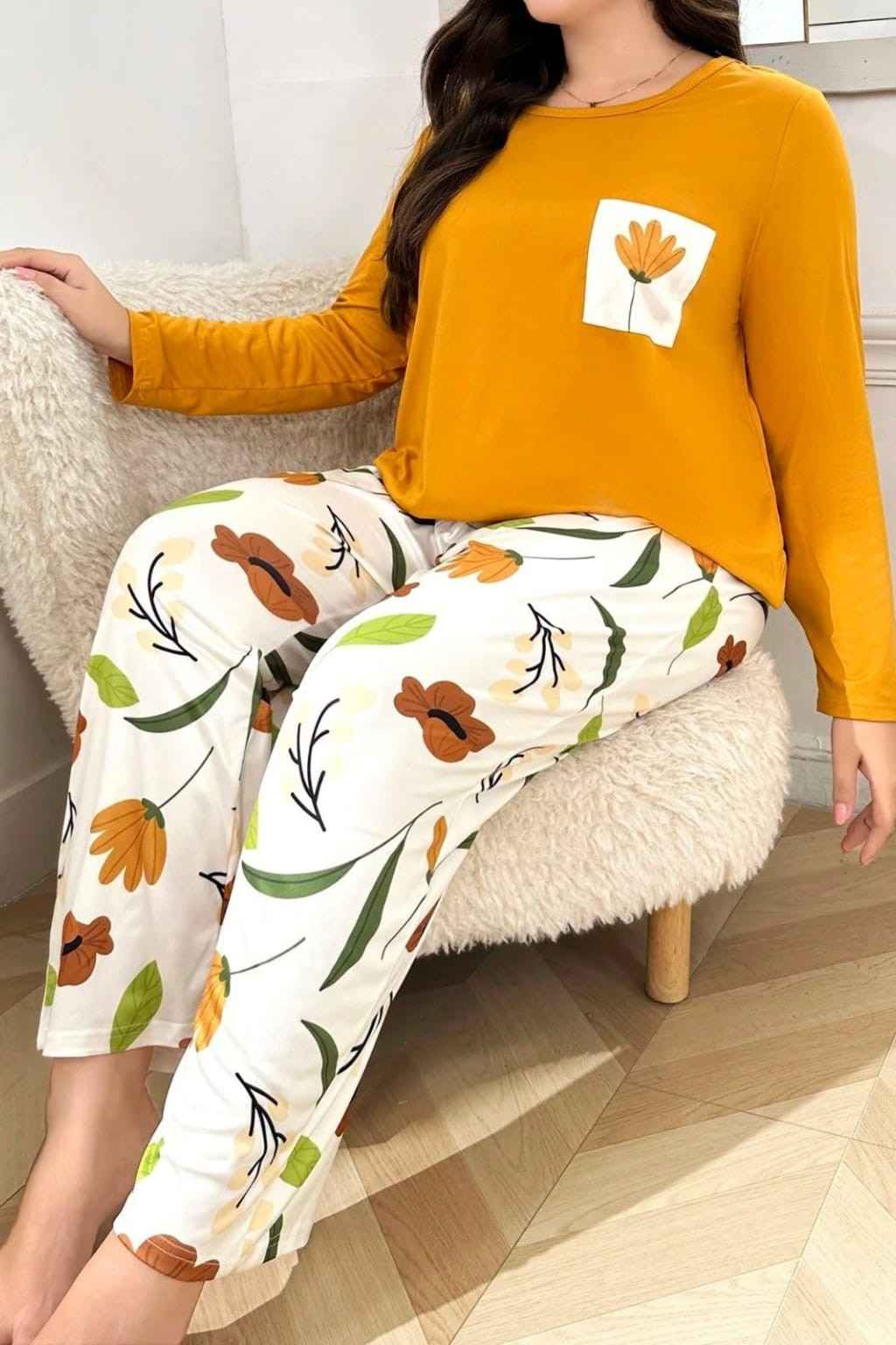 Fire Yellow Flower Pocket Printed Night Suits