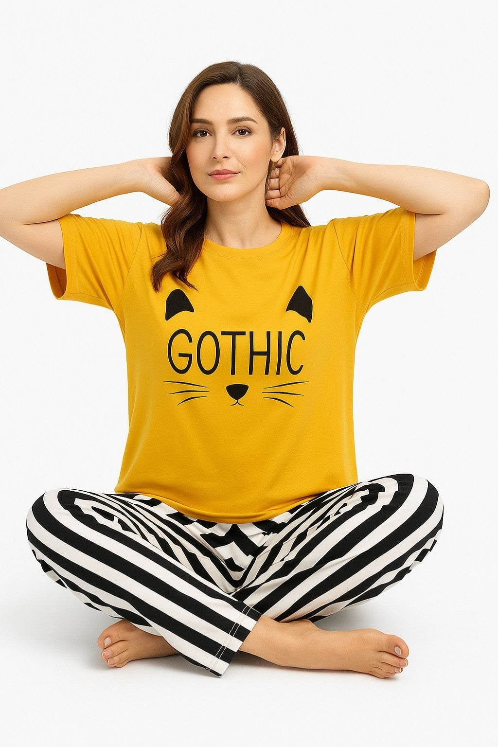 Yellow Gothic Printed Night Suit