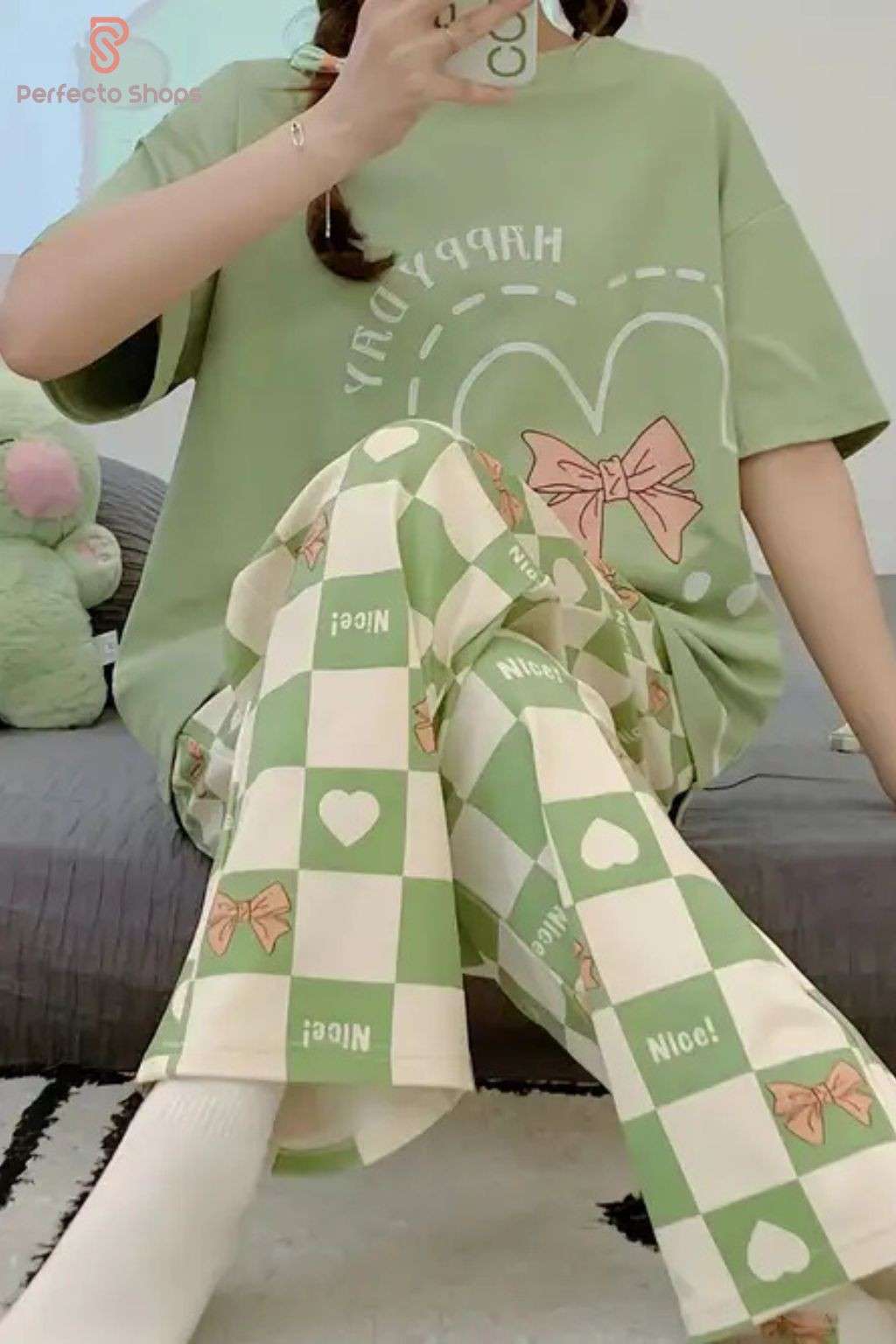 Round Neck Pullover Rabbit Bow Printed Night Suit
