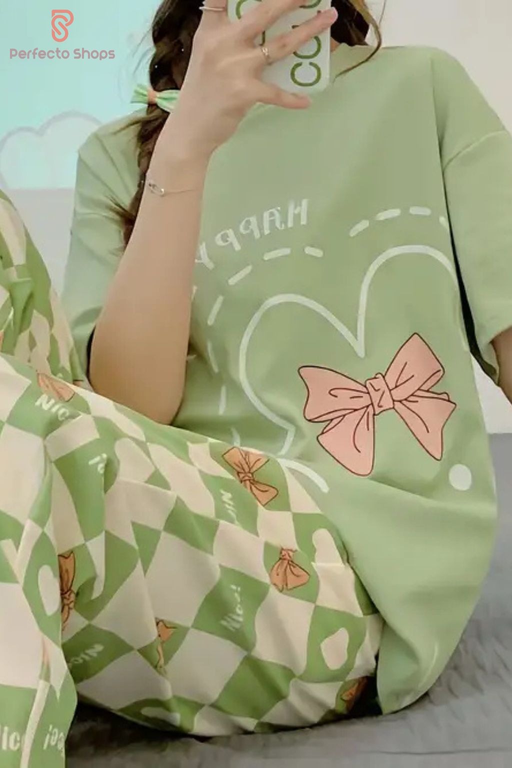 Round Neck Pullover Rabbit Bow Printed Night Suit
