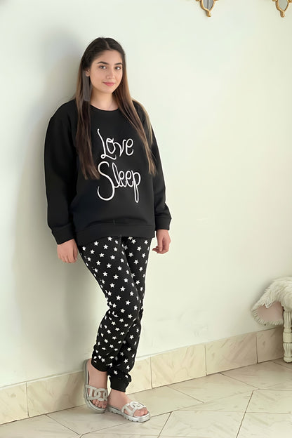 Winter Black Love Sleep Printed Night Suit