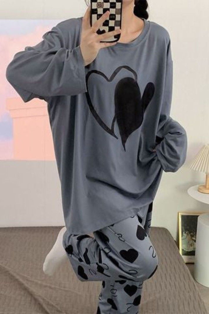 Grey Double Heart Full Sleeve Printed Night Suits