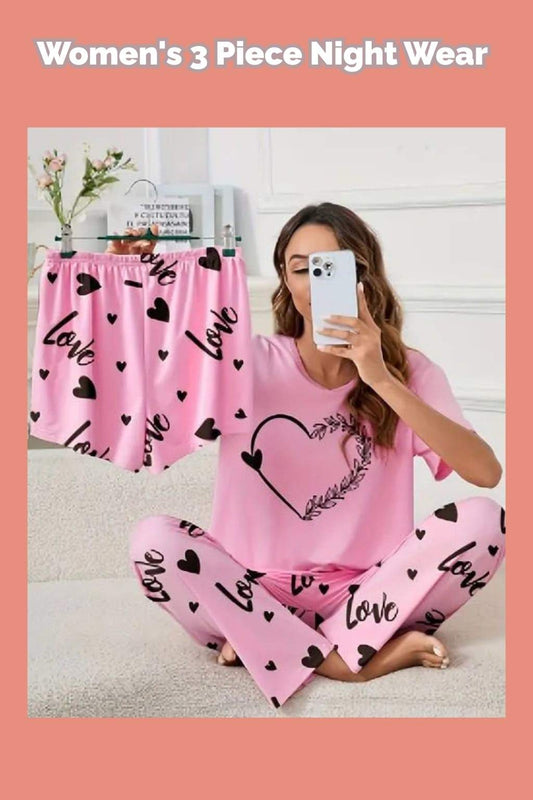 3 Piece Pink Heart Nightwear