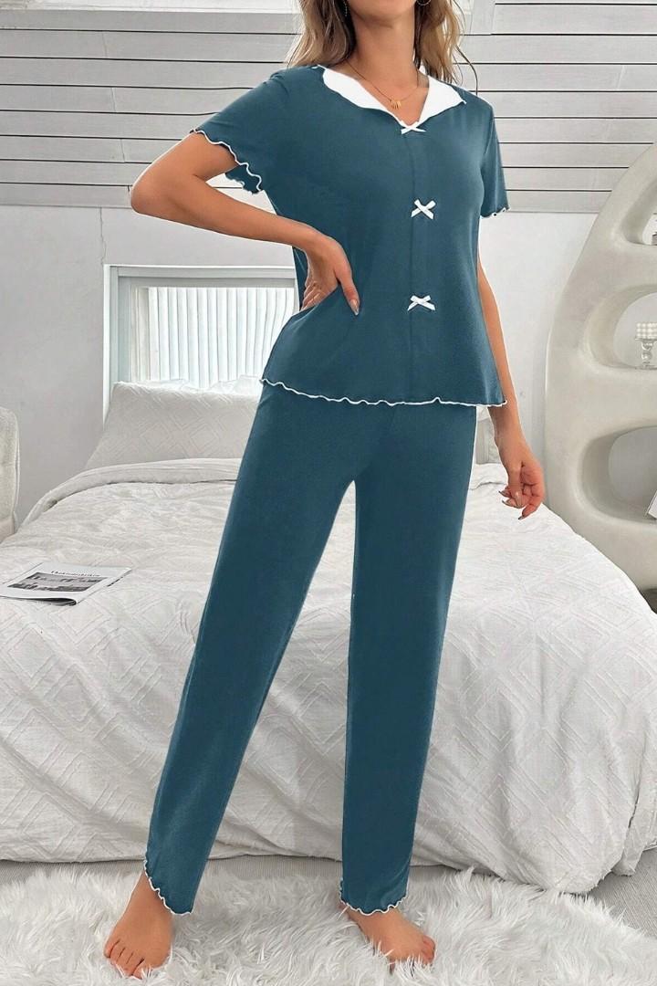 Navy Blue Bow Knott Printed Night Suit