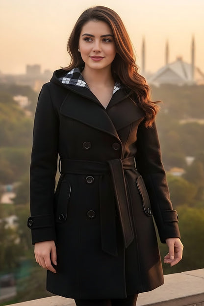 Black Women's Lace Trim Trench Coat Style Jacket