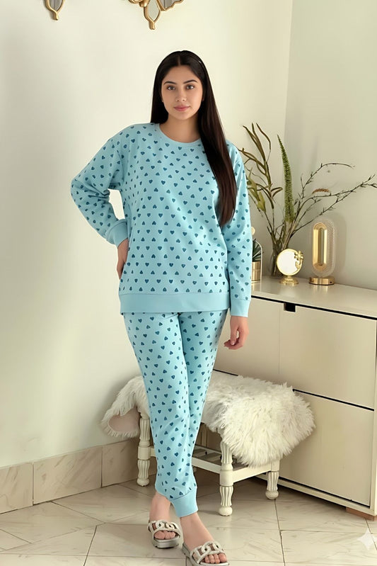 Winter Blue Heart Printed Night Suit