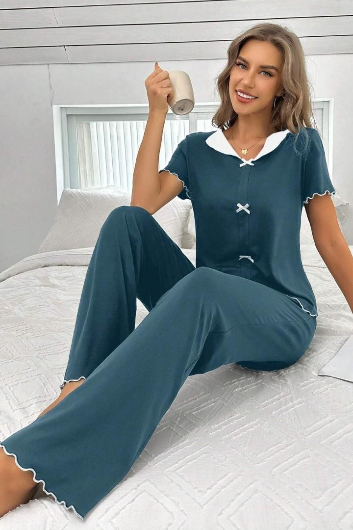 Navy Blue Bow Knott Printed Night Suit