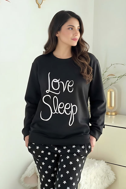 Winter Black Love Sleep Printed Night Suit