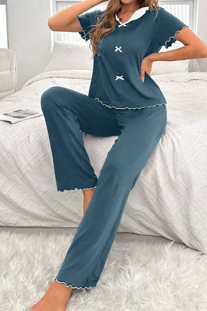 Navy Blue Bow Knott Printed Night Suit