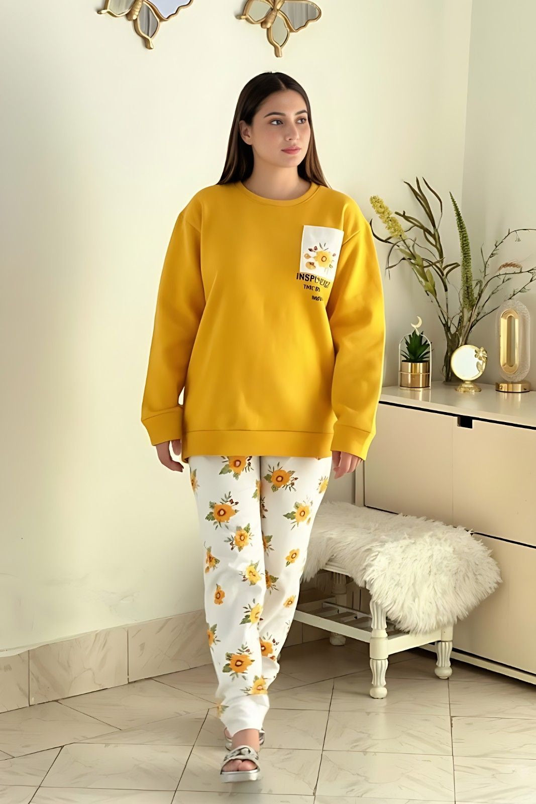 Winter Yellow Pocket Printed Night Suit