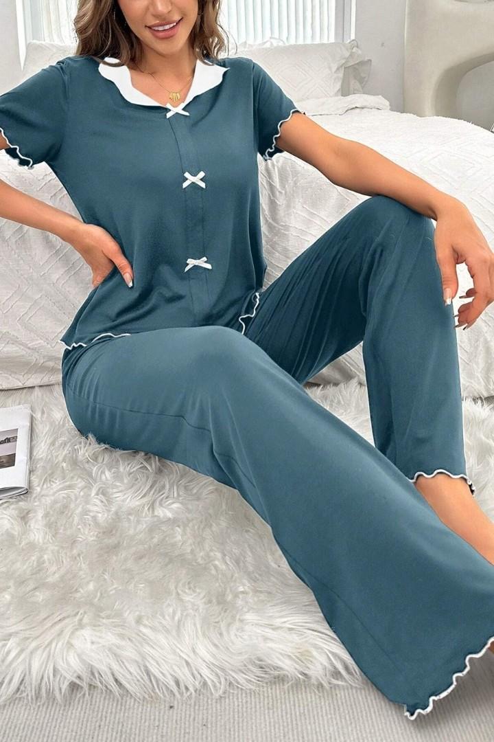 Navy Blue Bow Knott Printed Night Suit