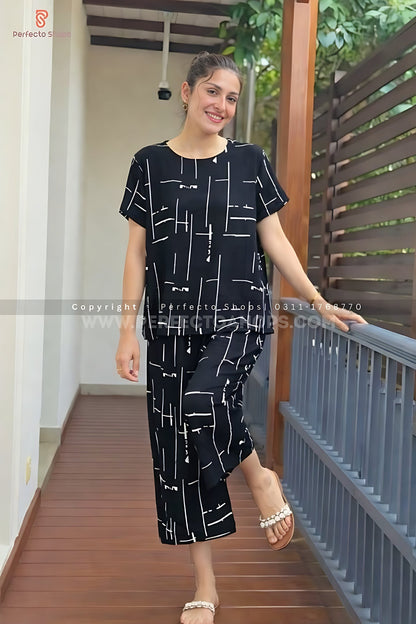 Black Capri Lining Printed Night Suit