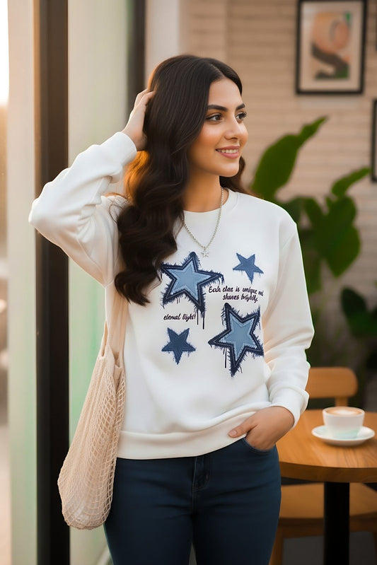 Winter Stars Printed White Sweatshirt