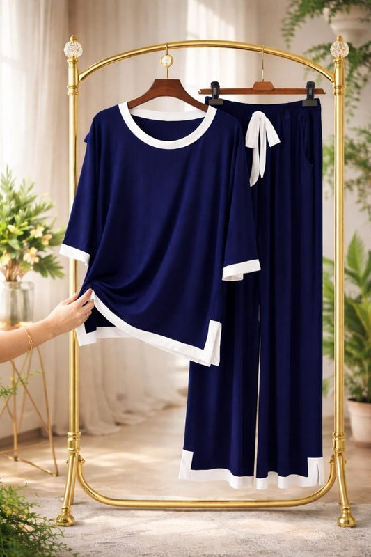 Navy Blue Palazo Style Printed Night Suit