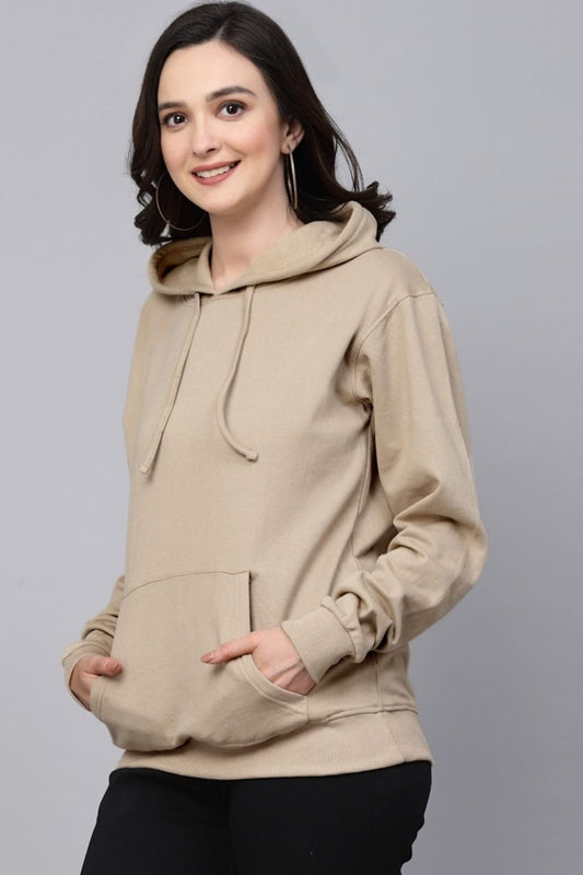 Beige Basic Kangaroo Hoodie for Women