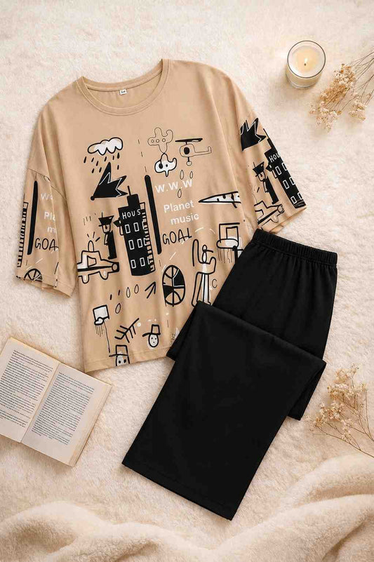 Beige & Black Street Art PJ Set
