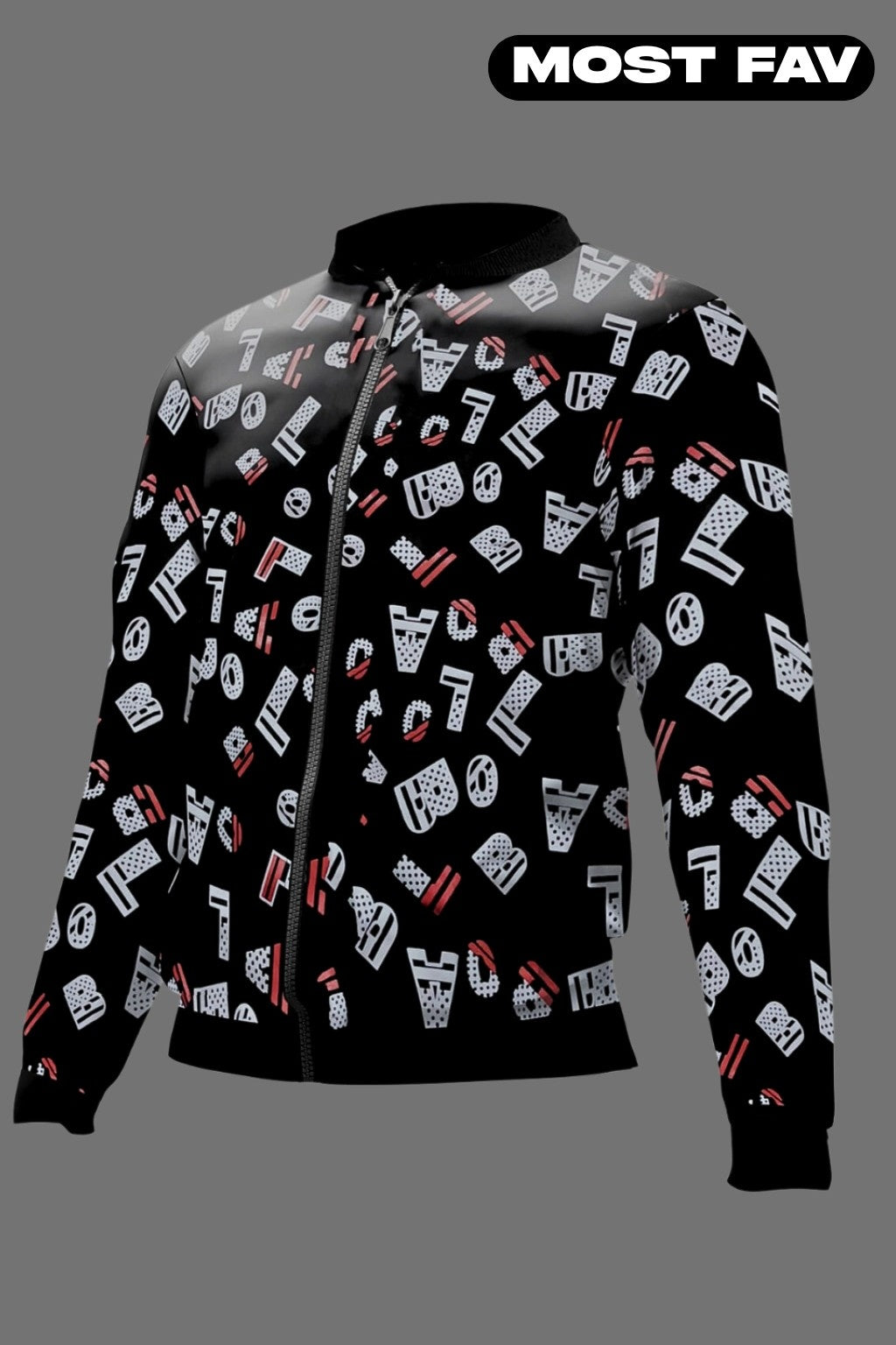 Black Alphabet Printed Zipper Jacket