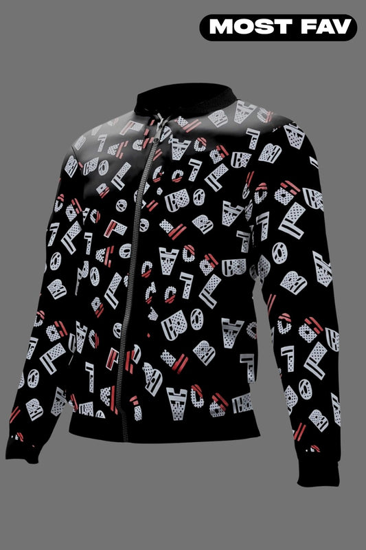 Black Alphabet Printed Zipper Jacket