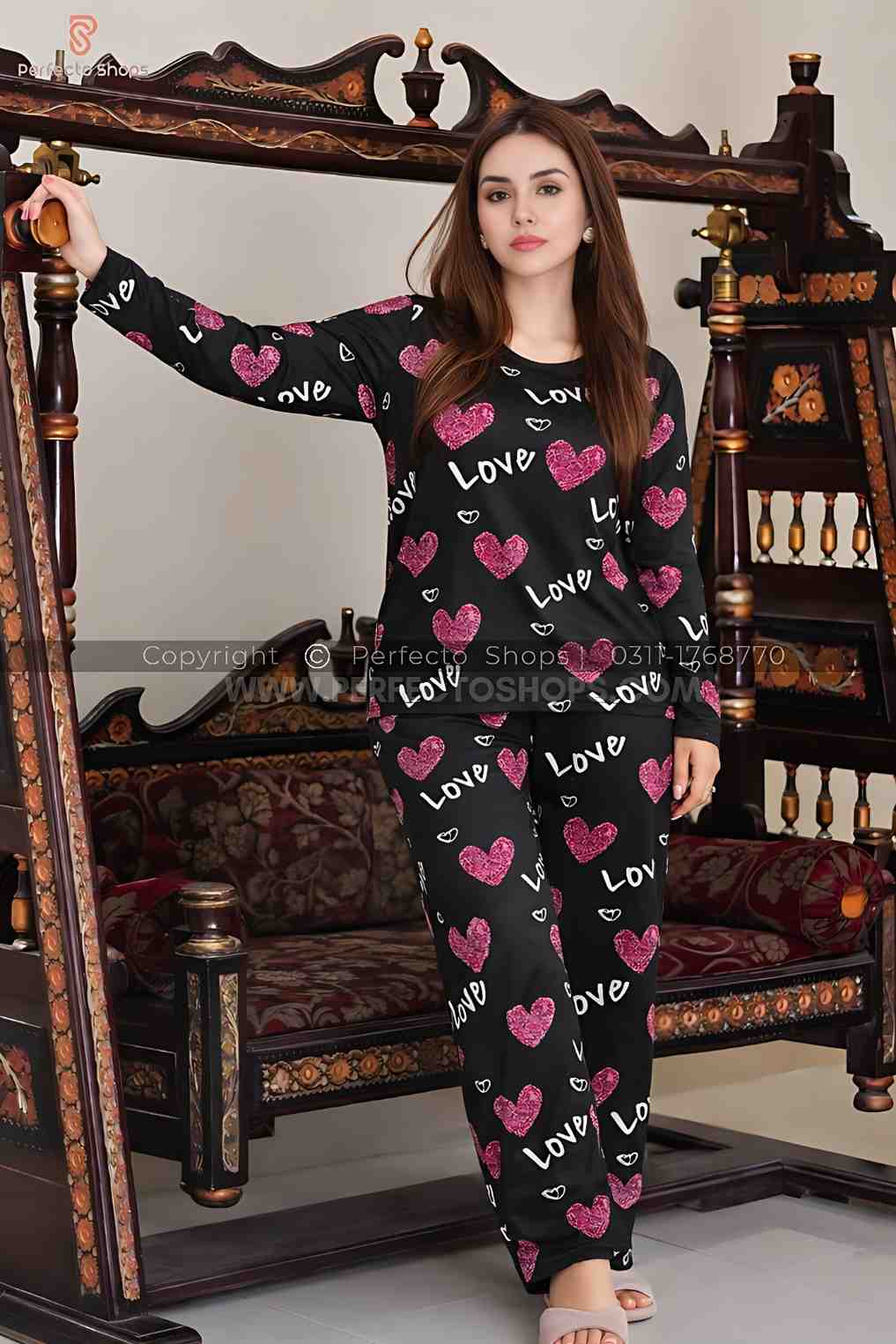 Black Love Heart Printed Night Suit