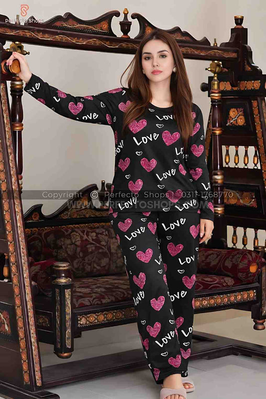 Black Love Heart Printed Night Suit