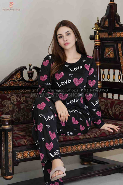 Black Love Heart Printed Night Suit
