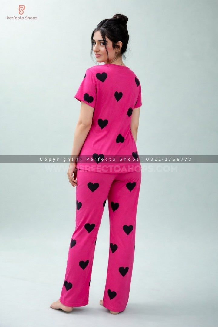 Black Multi Hearts Pink Printed Night Suit