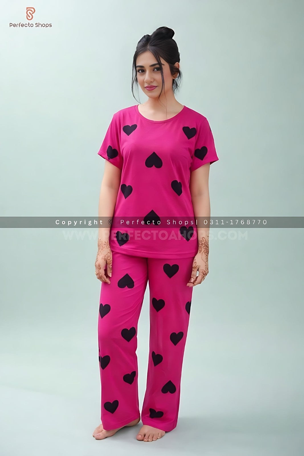 Black Multi Hearts Pink Printed Night Suit