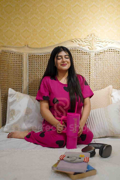 Black Multi Hearts Pink Printed Night Suit