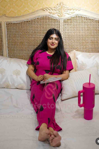 Black Multi Hearts Pink Printed Night Suit