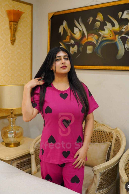 Black Multi Hearts Pink Printed Night Suit