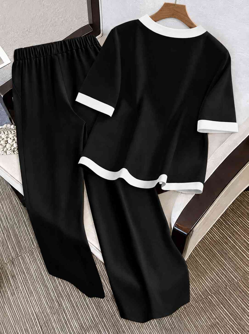 Black V-Neck Button Style PJ Set