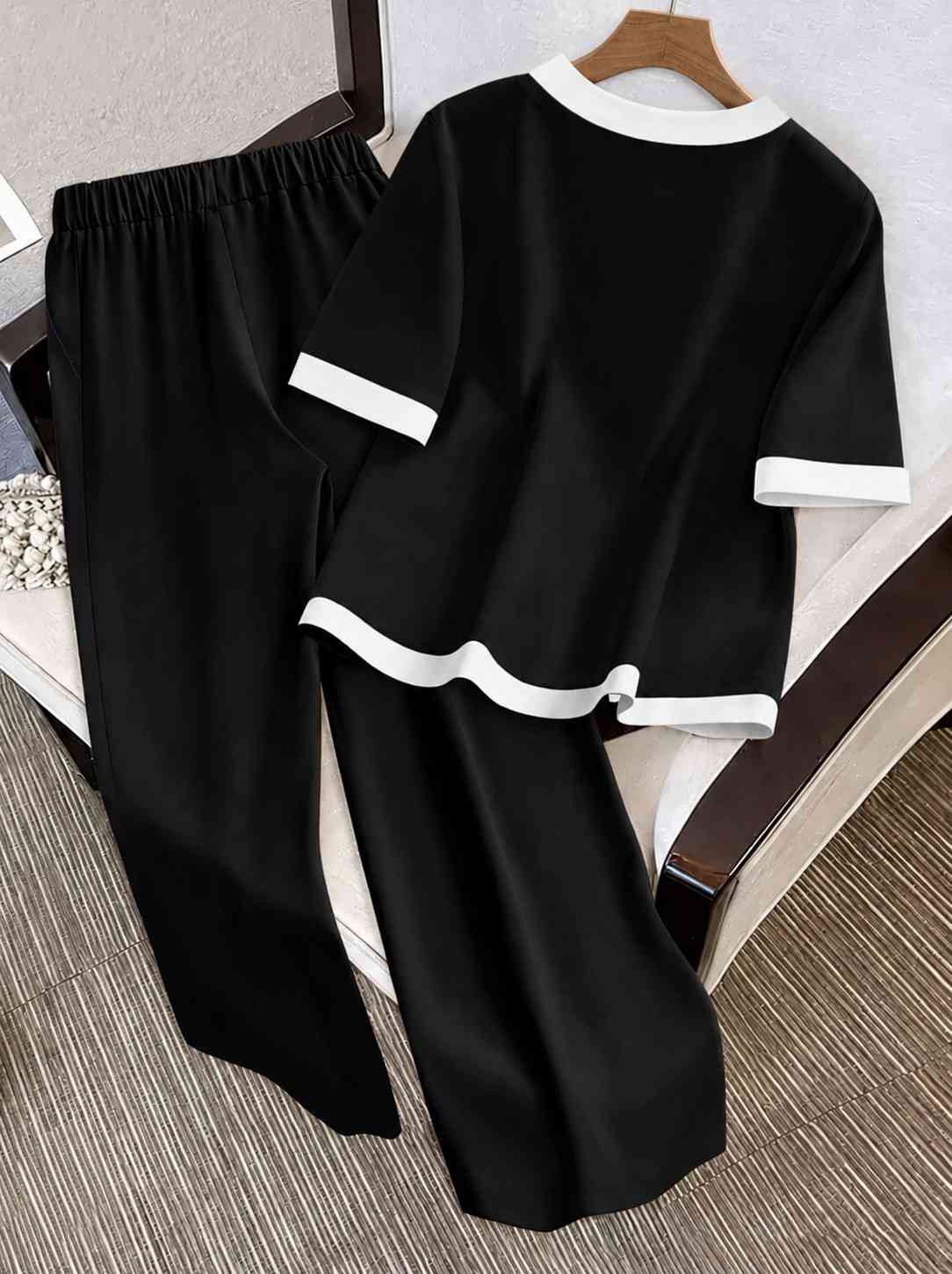 Black V-Neck Button Style PJ Set
