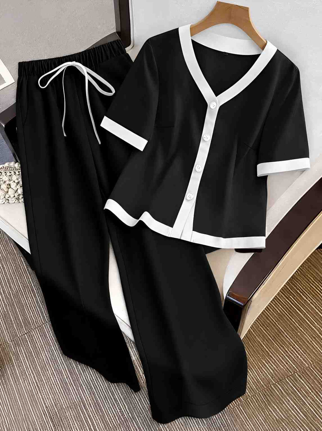 Black V-Neck Button Style PJ Set